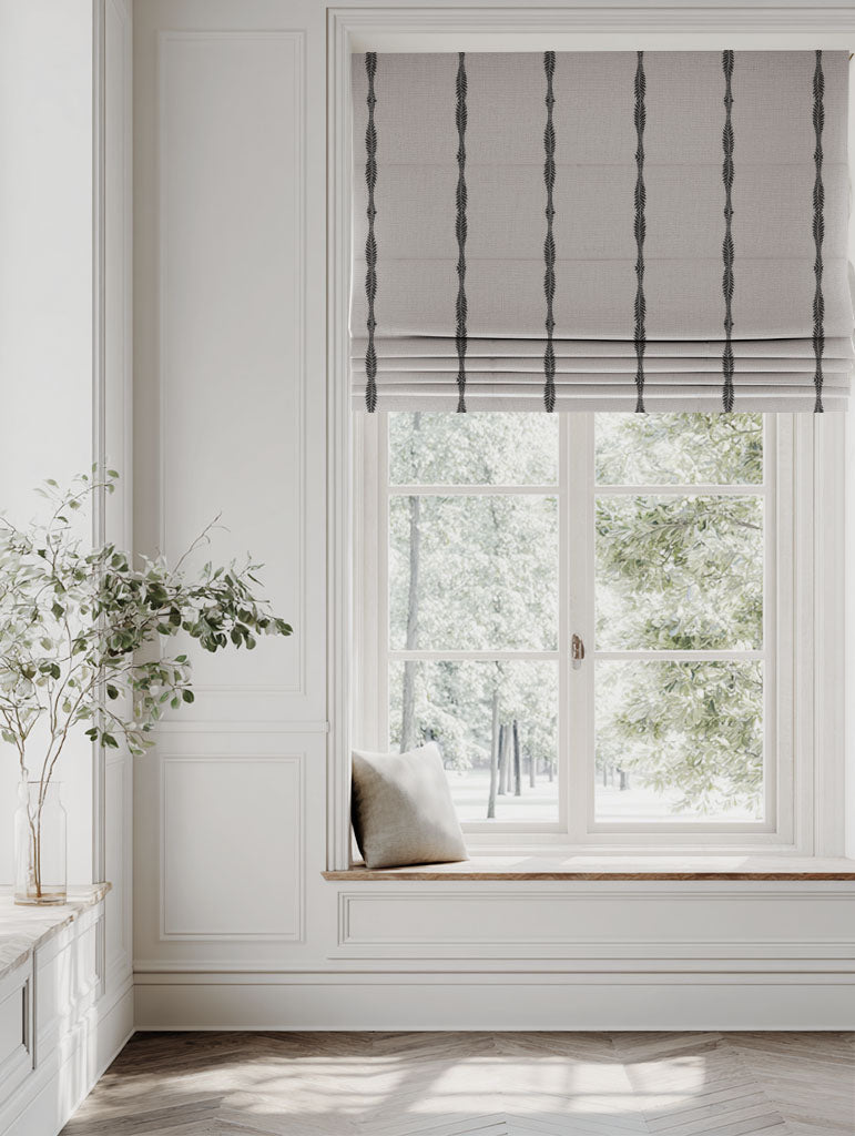 Black Patterned Linen Roman blind - Irina Noir - Natural base fabric.