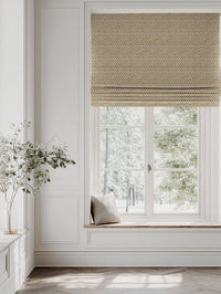 Yellow Patterned Linen Roman blind - Jenna Mustard - Natural base fabric.