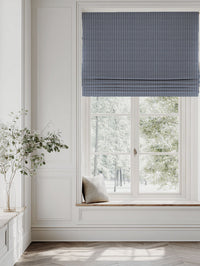 Blue Striped Linen Roman blind - Laila Night Blue - Natural base fabric.