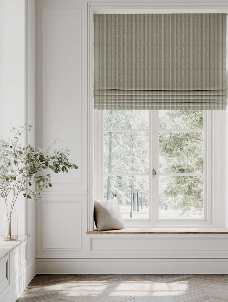 Green Striped Linen Roman blind - Laila Olive - Natural base fabric.