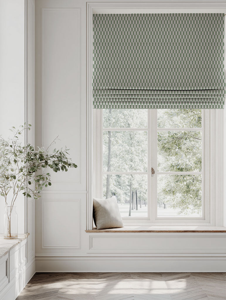 Green Patterned Linen Roman blind - Lana Jade Mist - Natural base fabric.