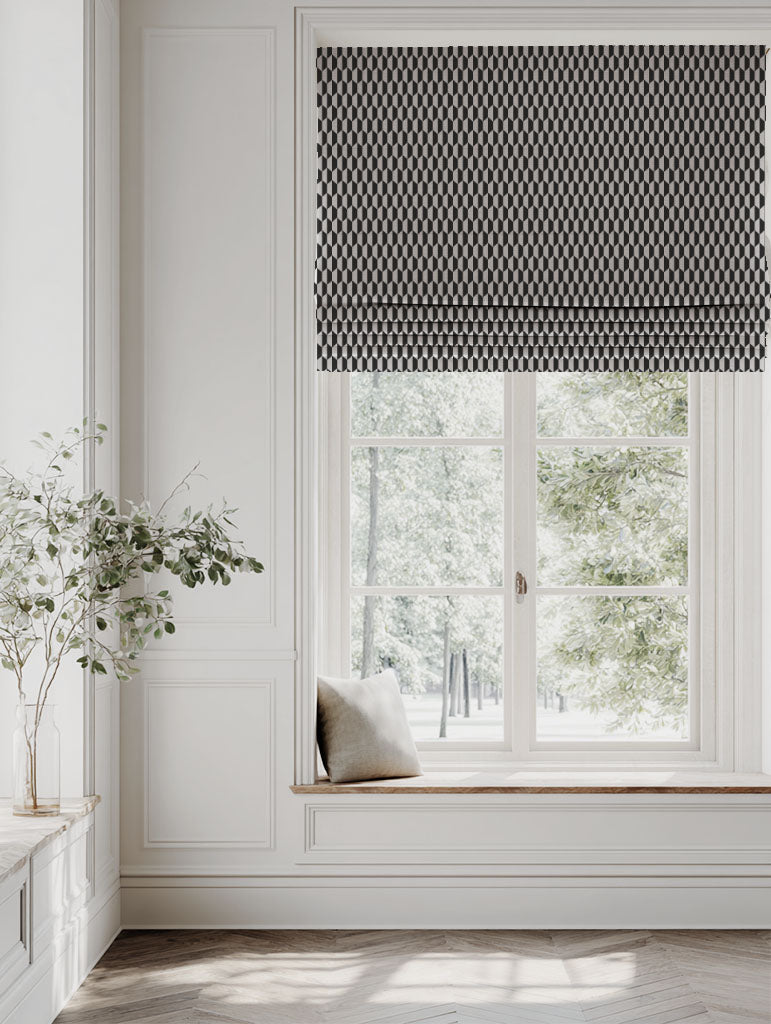 Black Patterned Linen Roman blind - Lana Noir - Natural base fabric.
