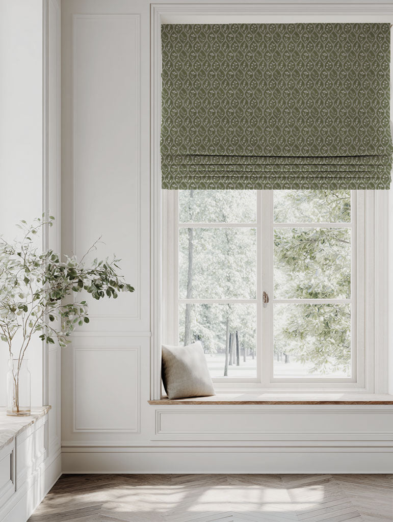 Green Floral Linen Roman blind - Miny Khaki - Natural base fabric.