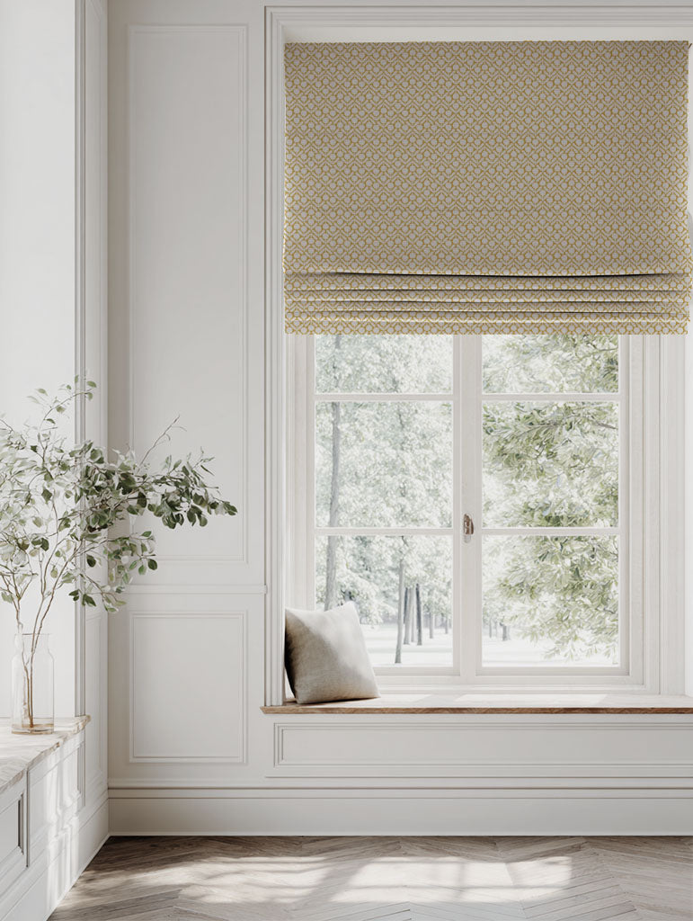 Yellow Floral Linen Roman blind - Nessa Mustard - Natural base fabric.