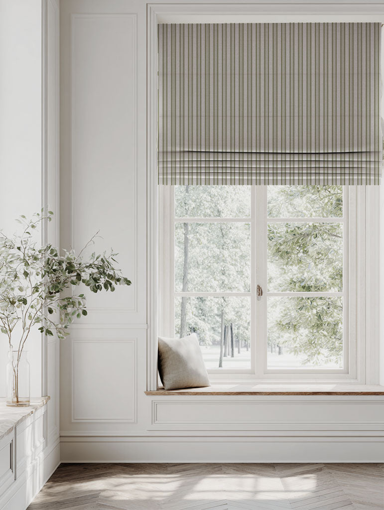 Green Striped Linen Roman blind - Olga Olive - Natural base fabric.