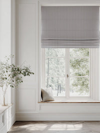 Blue Patterned Linen Roman blind - Ollie Deep Blue - Natural base fabric.