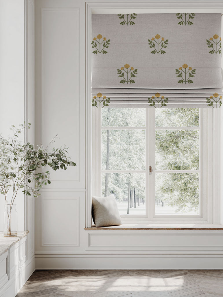 Yellow Botanical Linen Roman blind - Pernille Honey - Natural base fabric.