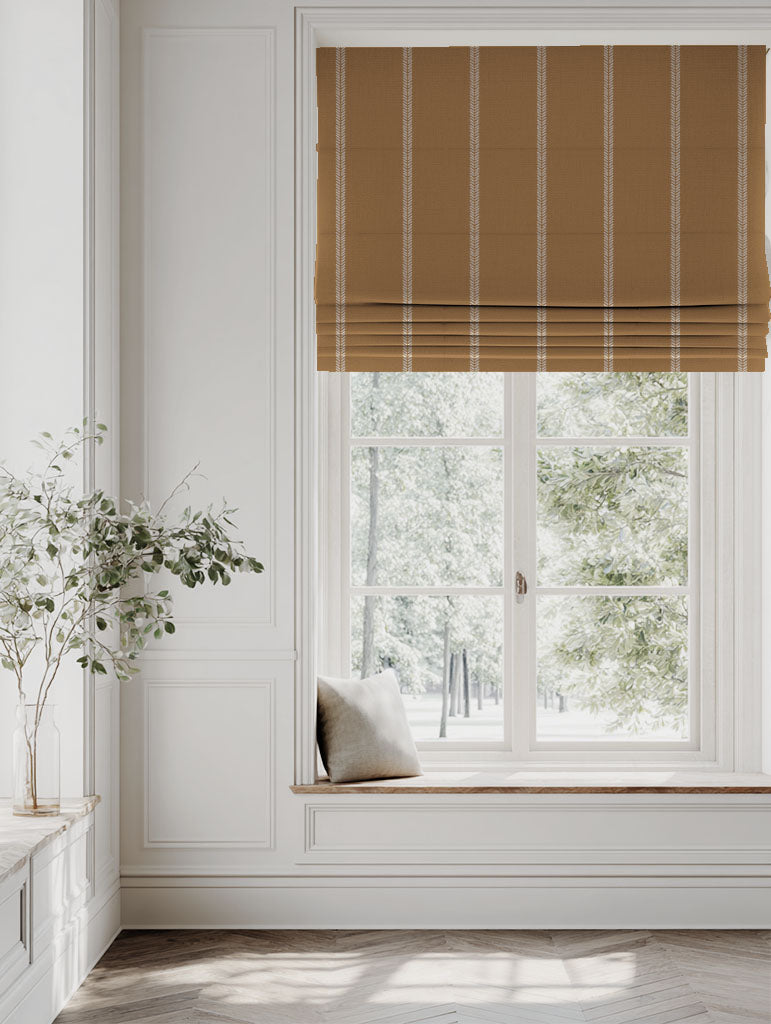 Orange / Yellow Striped Linen Roman blind - Rana Gold Ochre - Natural base fabric.