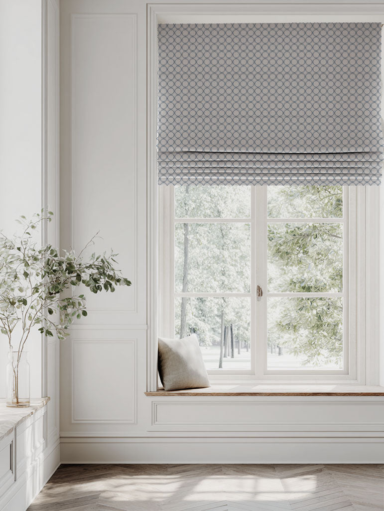 Blue Patterned Linen Roman blind - Rosalina Denim - Natural base fabric.