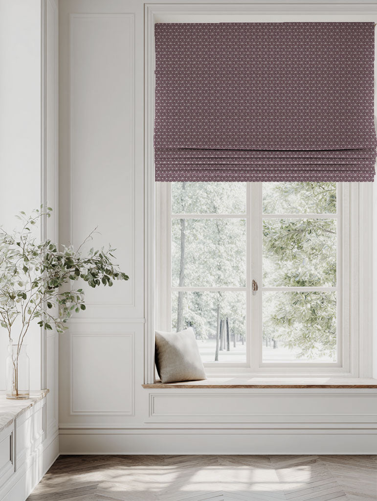 Purple Botanical Linen Roman blind - Saana Grape - Natural base fabric.