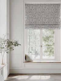 Blue Botanical Linen Roman blind - Saeeda Denim - Natural base fabric.