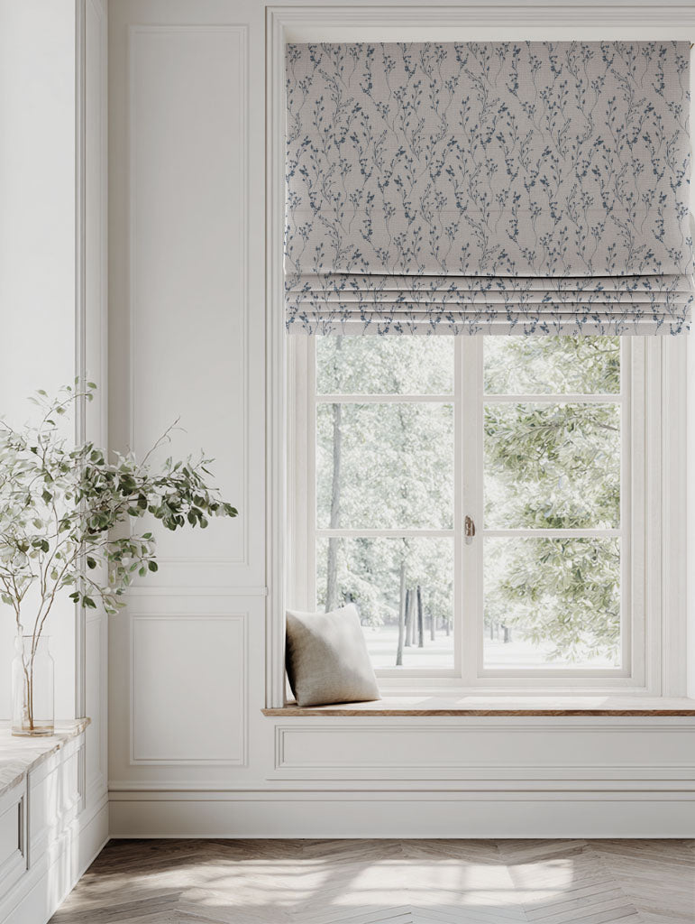 Blue Botanical Linen Roman blind - Saeeda Denim - Natural base fabric.