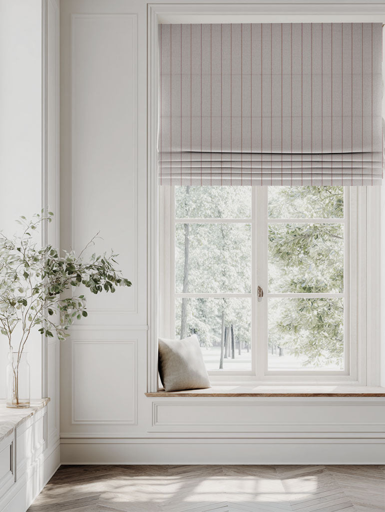 Red Striped Linen Roman blind - Solveig Crimson Red - Natural base fabric.