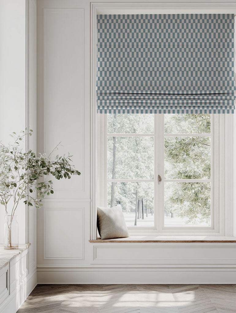 Blue Checked Linen Roman blind - Sunni Blue Stone - Natural base fabric.