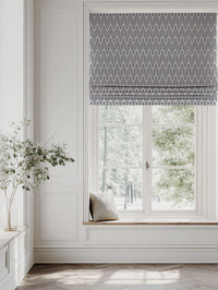Blue Patterned Linen Roman blind - Sylvia Deep Blue - Natural base fabric.