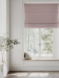 Pink Patterned Linen Roman blind - Sylvia Sweetpea - Natural base fabric.
