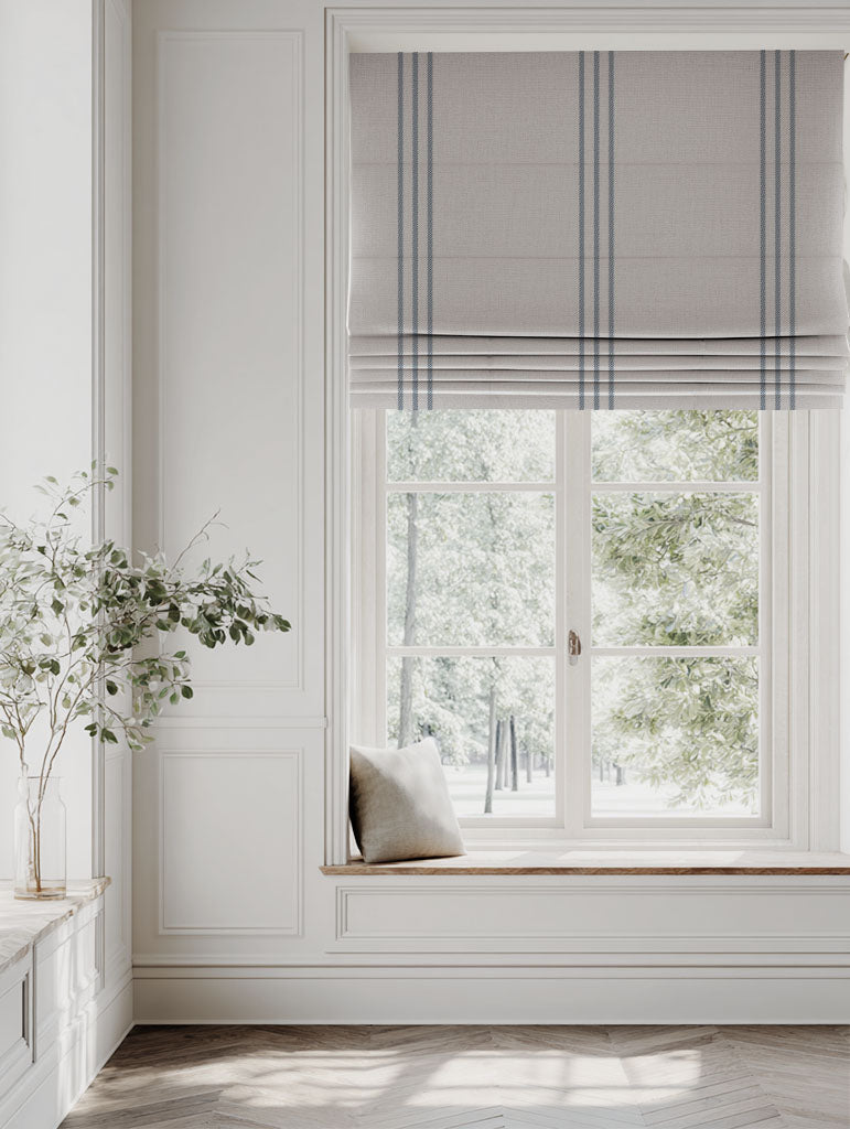 Blue Striped Linen Roman blind - Telma Denim - Natural base fabric.
