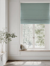 Blue Patterned Roman blind - Vera Duck Egg - Natural base fabric.