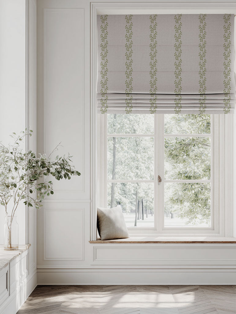 Shena Khaki Blind - Natural fabric with botanical Green print
