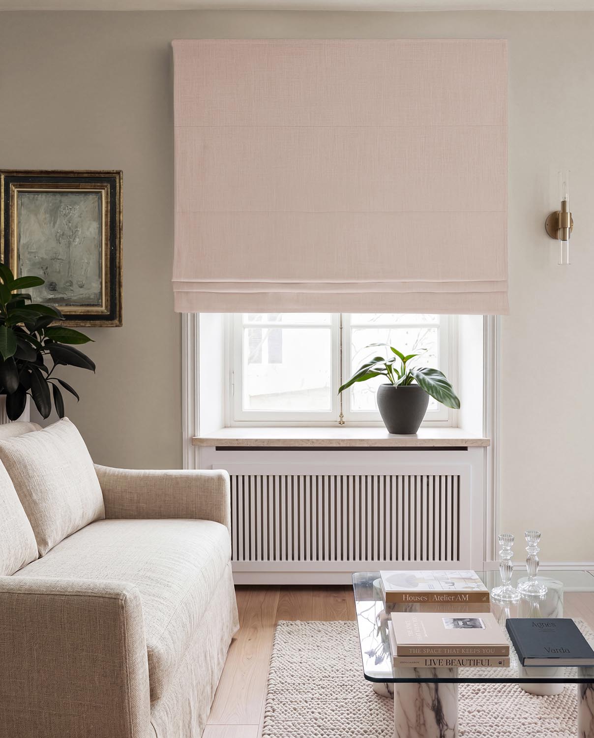 Pale Pink Roman blind with Blackout lining. Made of 100% Linen fabric - Charlotte Powder Pink