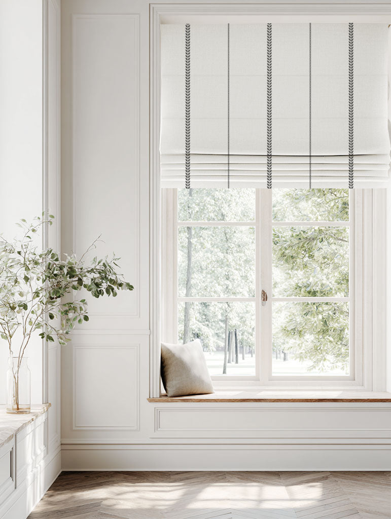Black Striped Linen Roman blind - Berit Noir - White base fabric.