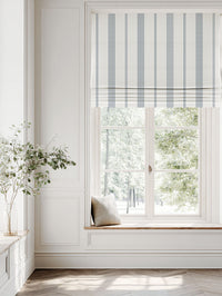Blue Striped Linen Roman blind - Brea Ink-WHT - White base fabric.