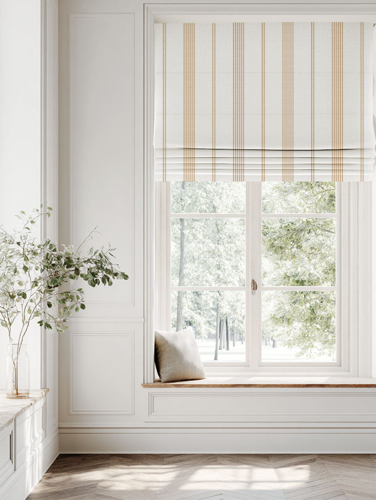 Orange Striped Linen Roman blind - Brea Ochre-WHT - White base fabric.