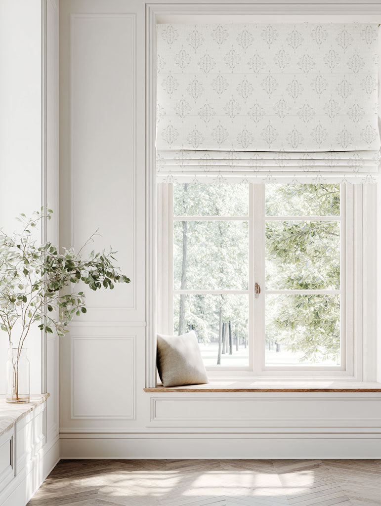 Neutral / Grey Patterned Linen Roman blind - Britt Greige Clay - White base fabric.