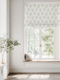 Green Patterned Linen Roman blind - Britt Moss - White base fabric.