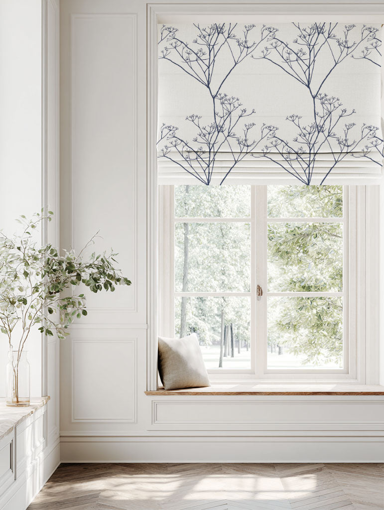 Blue Floral Linen Roman blind - Cicely Deep Blue - White base fabric.