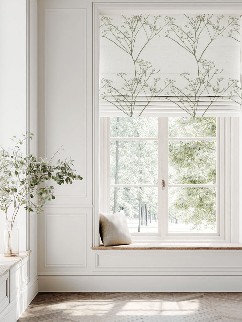 Green Floral Linen Roman blind - Cicely Moss - White base fabric.