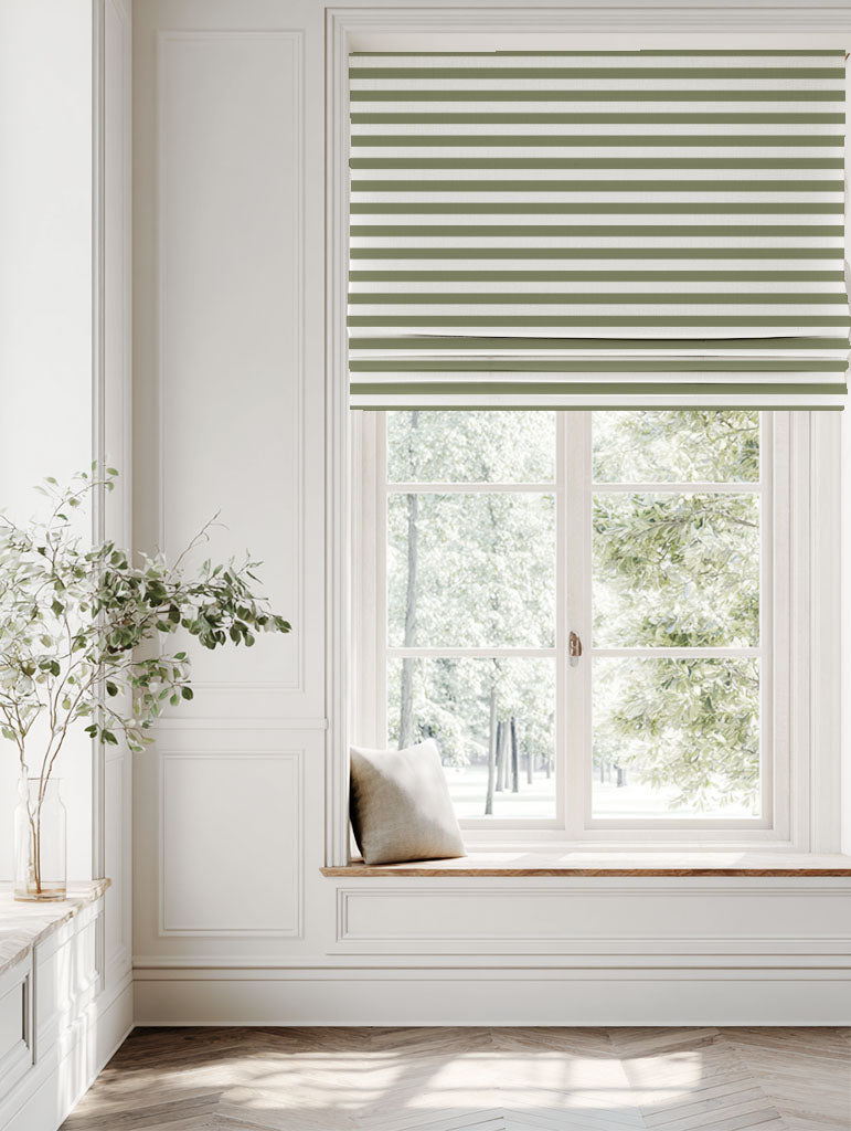 Green Striped Linen Roman blind - Della Moss-WHT - White base fabric.