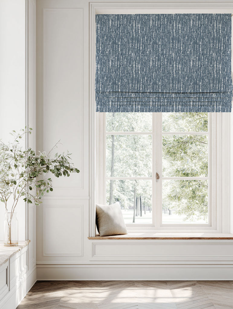 Blue Patterned Linen Roman blind - Dora-INV-WHT Ink - White base fabric.