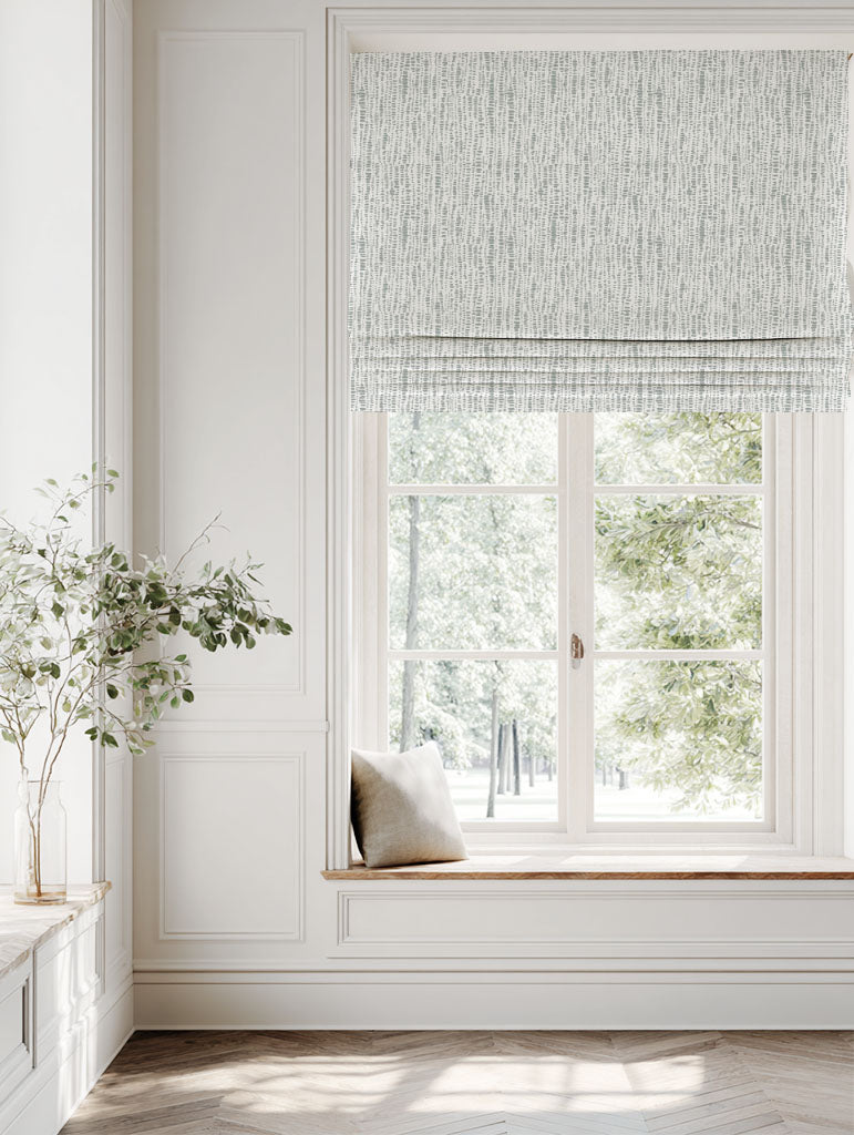 Grey Patterned Linen Roman blind - Dora-WHT Greige - White base fabric.