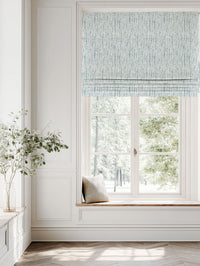 Blue Patterned Linen Roman blind - Dora-WHT Shadow Blue - White base fabric.