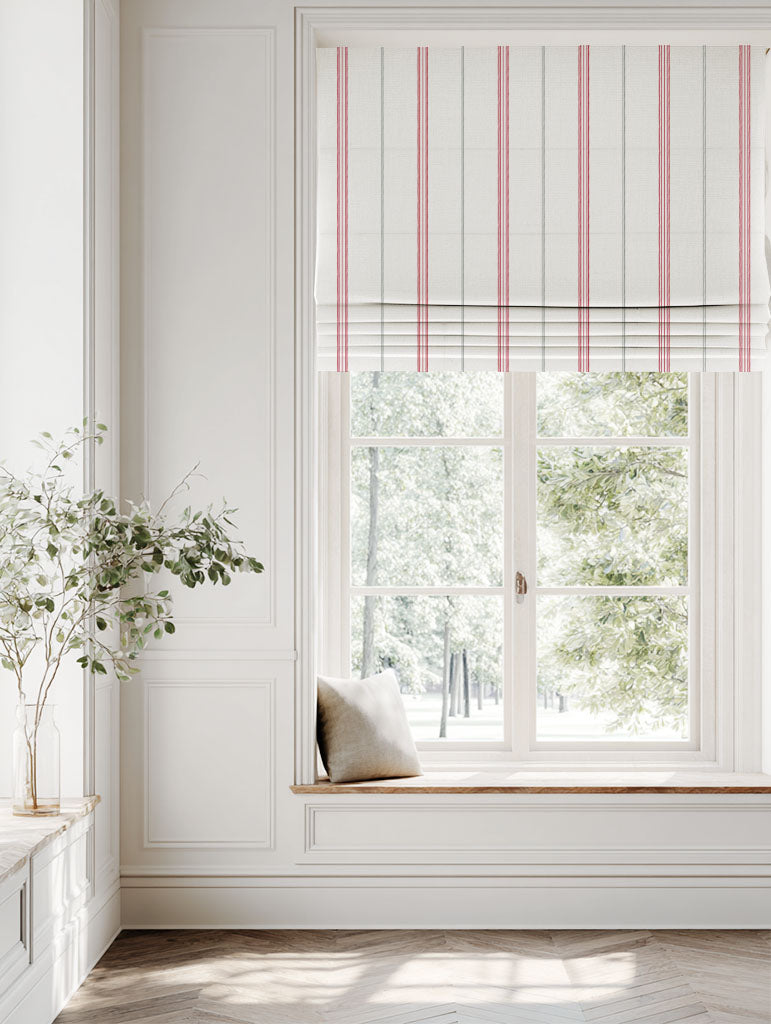 Grey / Red Striped Linen Roman blind - Elise Dream Red-WHT - White base fabric.