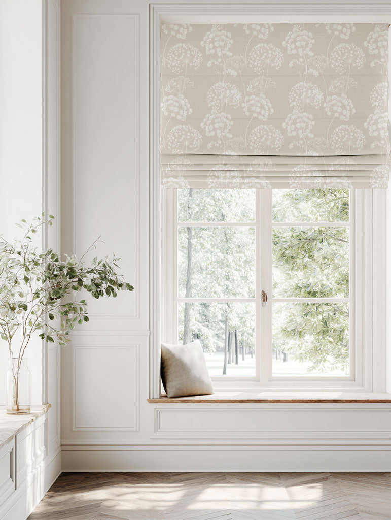 Neutral / Cream Floral Linen Roman blind - Erleen INV SandWind - White base fabric.