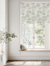 Green Floral Linen Roman blind - Erleen Moss - White base fabric.
