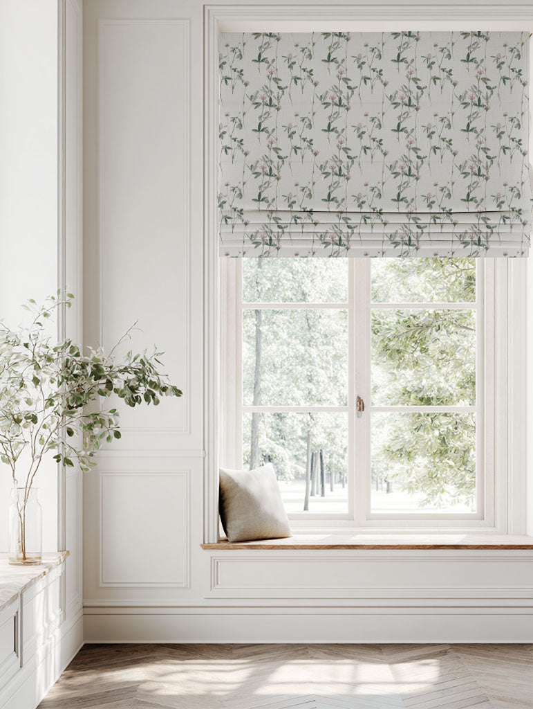 Pink Floral Linen Roman blind - Estelle Powder Rose - White base fabric.