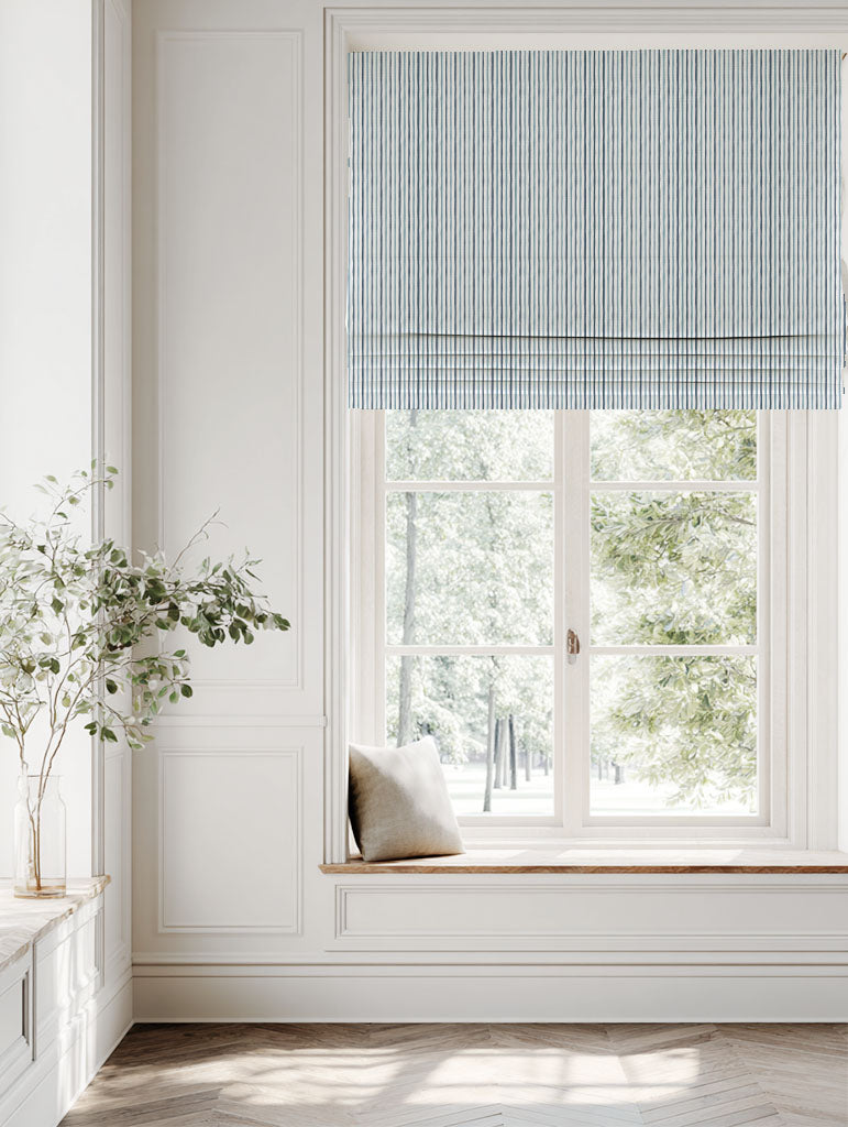 Blue Striped Linen Roman blind - Evelina Ink-WHT - White base fabric.