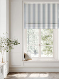 Blue Striped Linen Roman blind - Evianne Ink-WHT - White base fabric.