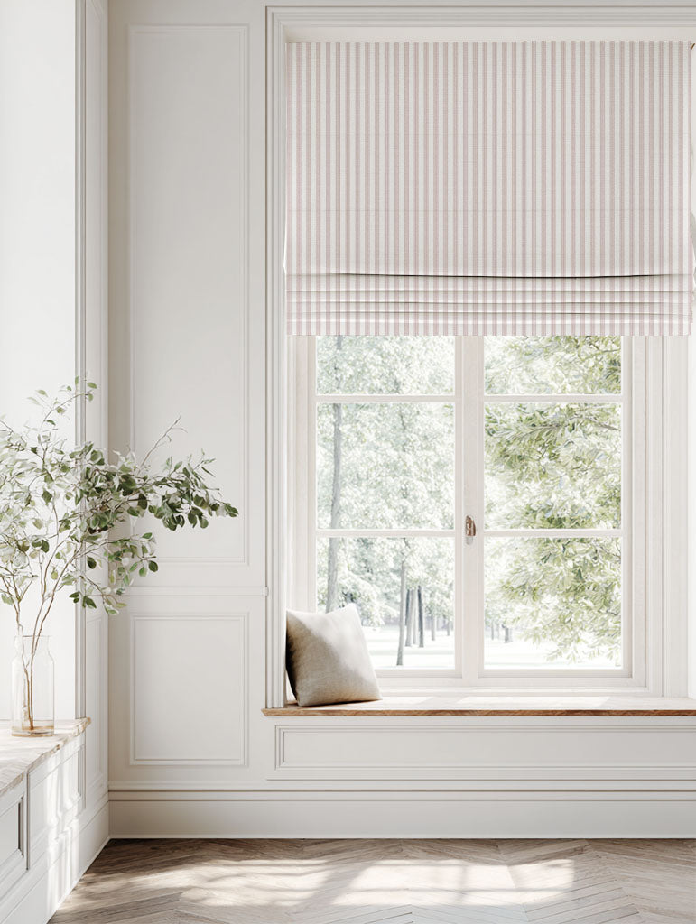 Pink Striped Linen Roman blind - Evianne Peony-WHT - White base fabric.