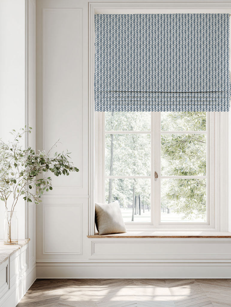 Blue Patterned Linen Roman blind - Fia Ink - White base fabric.