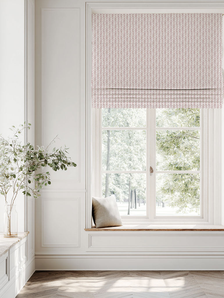 Pink Patterned Linen Roman blind - Fia Peony - White base fabric.