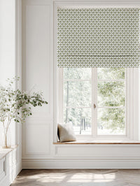 Green Patterned Linen Roman blind - Fiona Moss - White base fabric.