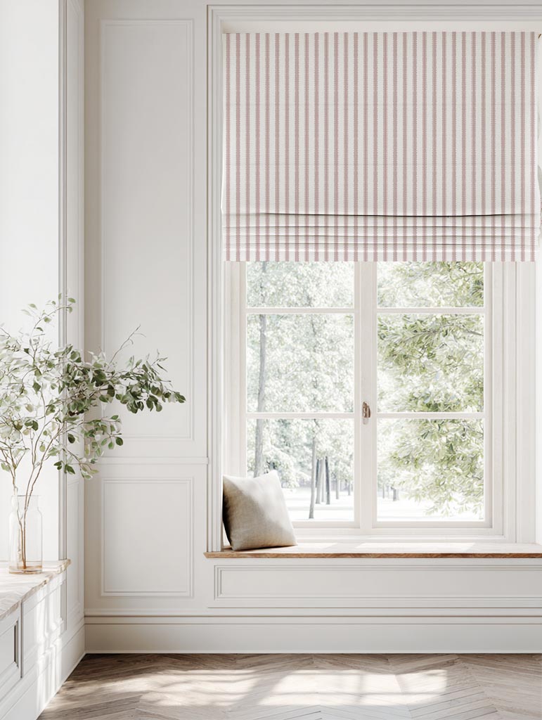 Pink Patterned Linen Roman Blind - Fionna Peony-WHT - White base fabric.