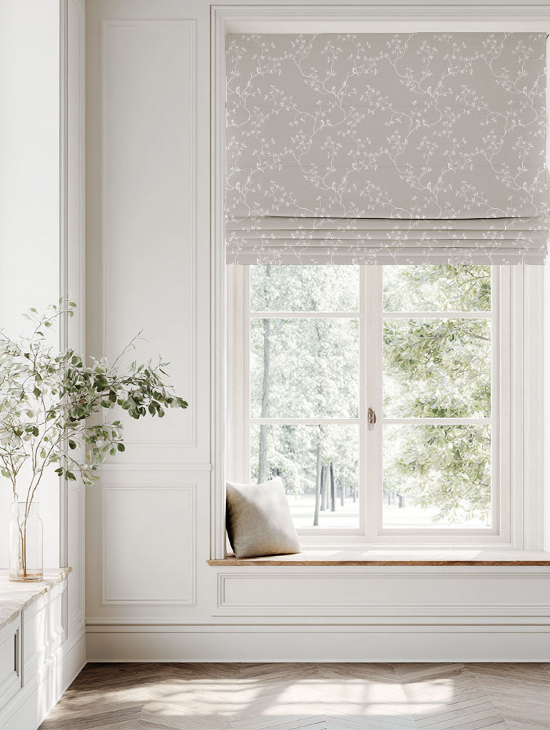 Neutral / Grey Botanical Linen Roman blind - Goldfinch INV Grey Sand - White base fabric.