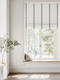 Black Striped Linen Roman blind - Helena Noir - White base fabric.