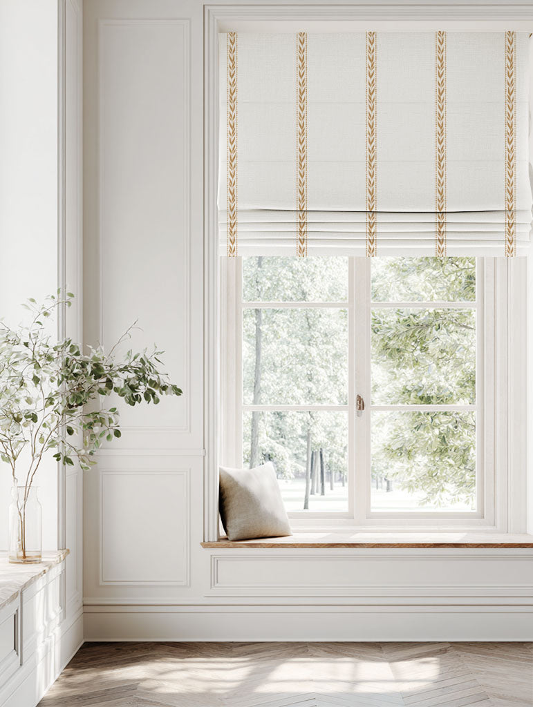 Orange / Yellow Striped Linen Roman blind - Helena Ochre - White base fabric.
