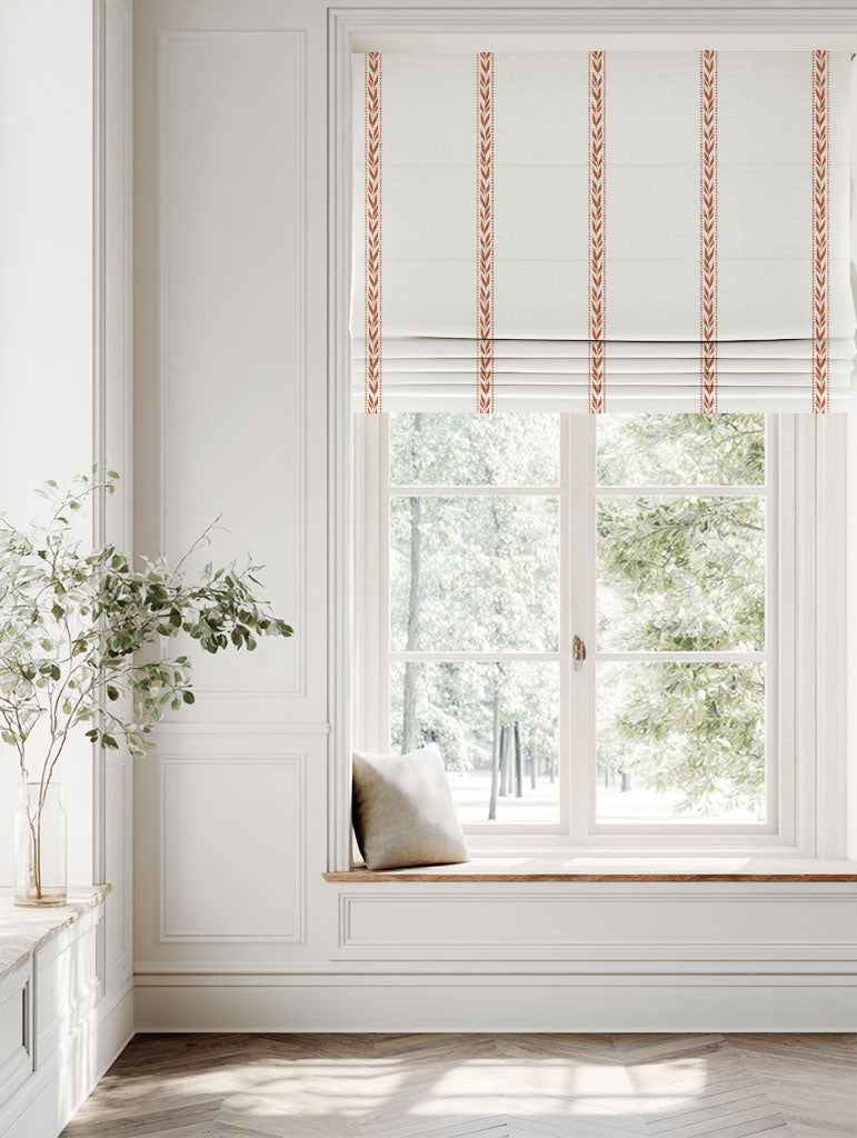Orange Striped Linen Roman blind - Helena Terracotta - White base fabric.